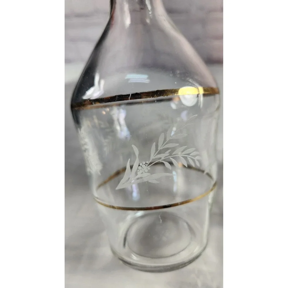 (2) Vtg Gold Rimmed Stampi Francolini Holly Etched Glass Decanters Made in Italy